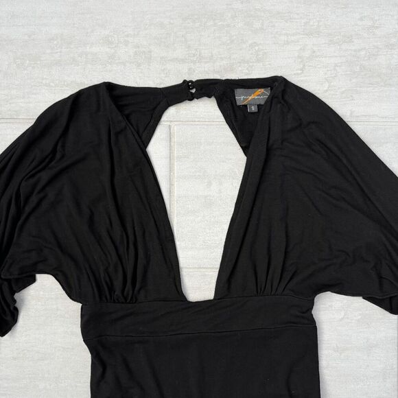 Jane Plus One Bodysuit Deep Plunge Open Back Bat Wings Black Top Button Closure - Picture 3 of 8